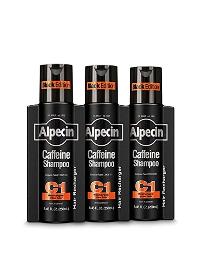Alpecin Caffeine Shampoo C1 Black Edition, Men's Natural Hair Growth Shampoo for Thinning Hair with Niacin, Menthol, and Castor Oil, 8.45 fl. oz, Pack of 3 - Image 1