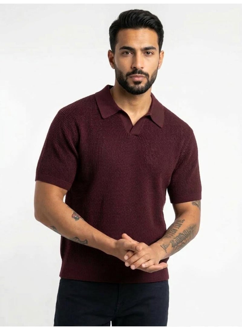 Men's Mahroon Textured Knit Polo Shirt