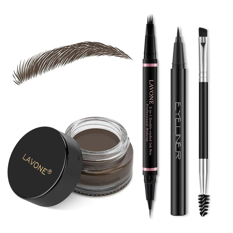 LAVONE Eyebrow Pen Makeup Kit, with 4 Tip Waterproof Microblading Eyebrow Pencil, Eyeliner, Eyebrow Pomade and Dual-ended Eyebrow Brush, Brow Pencil Eyebrow Kit for Natural Looking - Medium Brown - Image 1