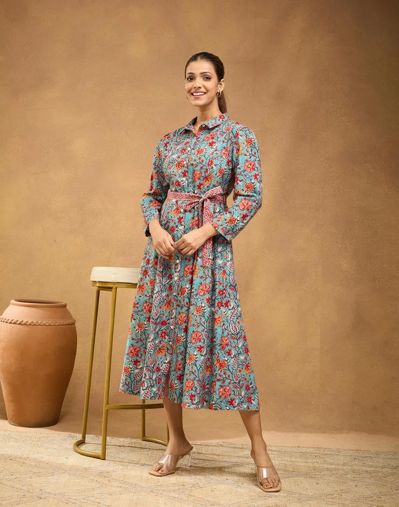 Fabindia Green Cotton Printed Midi Dress