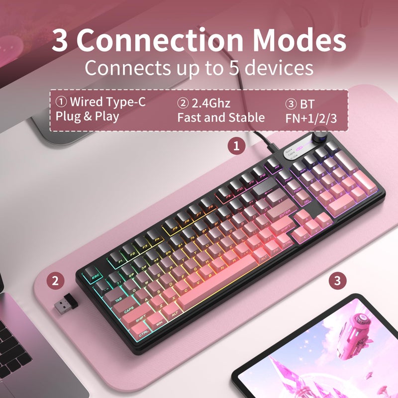 MageGee GK960 Wireless Gaming Keyboard, RGB Tri-Mode Wired/BT/2.4G Creamy Keyboard with Number Pad, 4000mAh Battery, Knob Control, Side Printed Keycaps, 19-Key Anti-Ghosting for Win/Mac (Black & Pink) - Image 3
