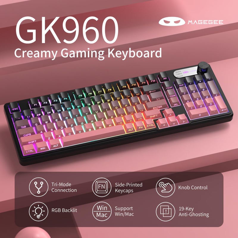 MageGee GK960 Wireless Gaming Keyboard, RGB Tri-Mode Wired/BT/2.4G Creamy Keyboard with Number Pad, 4000mAh Battery, Knob Control, Side Printed Keycaps, 19-Key Anti-Ghosting for Win/Mac (Black & Pink) - Image 2