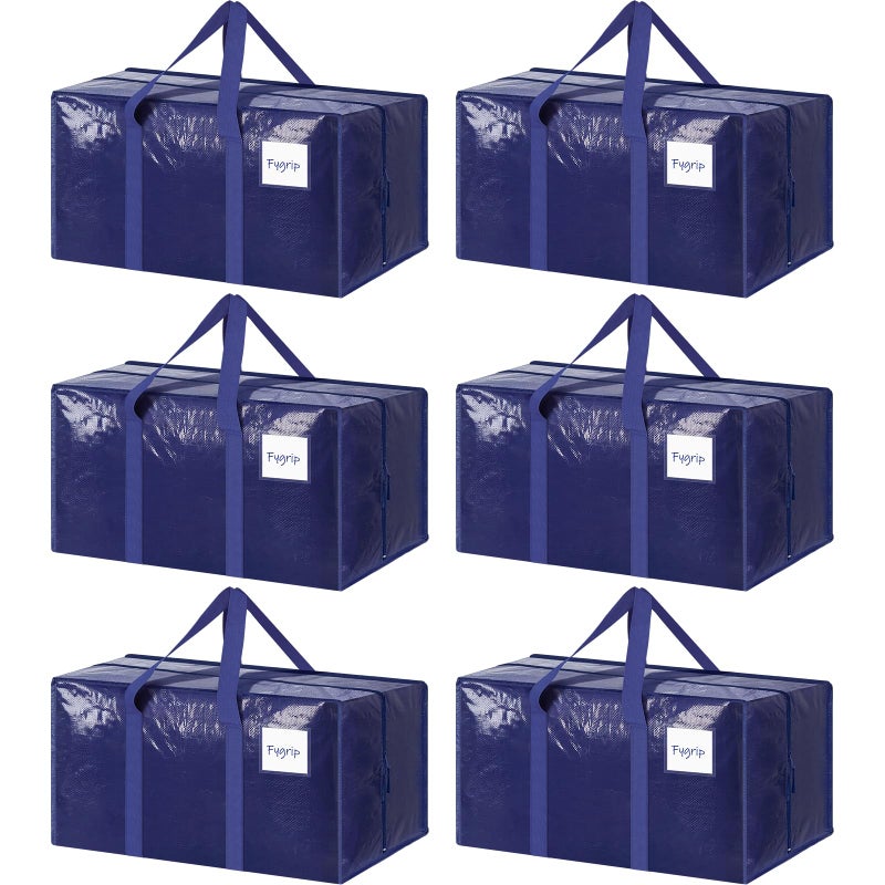 FYGRIP 6 Pack Extra Heavy Duty Large Moving Bags with Strong Zipper & Comfortable Handles, Sturdy & Durable Clothes Storage Bags Totes Bins, Blue Packing Moving Boxes for College Supplies, Dark Blue - Image 1