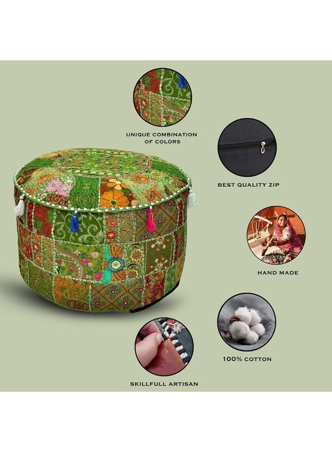 Aakriti Gallery Indian Pouf Footstool Ethnic Embroidered Pouf Cover, Indian Cotton Round Pouffe Ottoman Pouf Cover Pillow Ethnic Decor Art - Cover Only (Green, 18X13) - Image 4