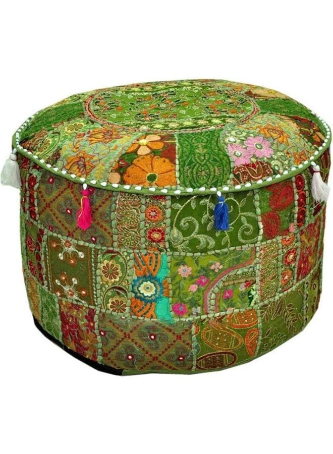 Aakriti Gallery Indian Pouf Footstool Ethnic Embroidered Pouf Cover, Indian Cotton Round Pouffe Ottoman Pouf Cover Pillow Ethnic Decor Art - Cover Only (Green, 18X13) - Image 1