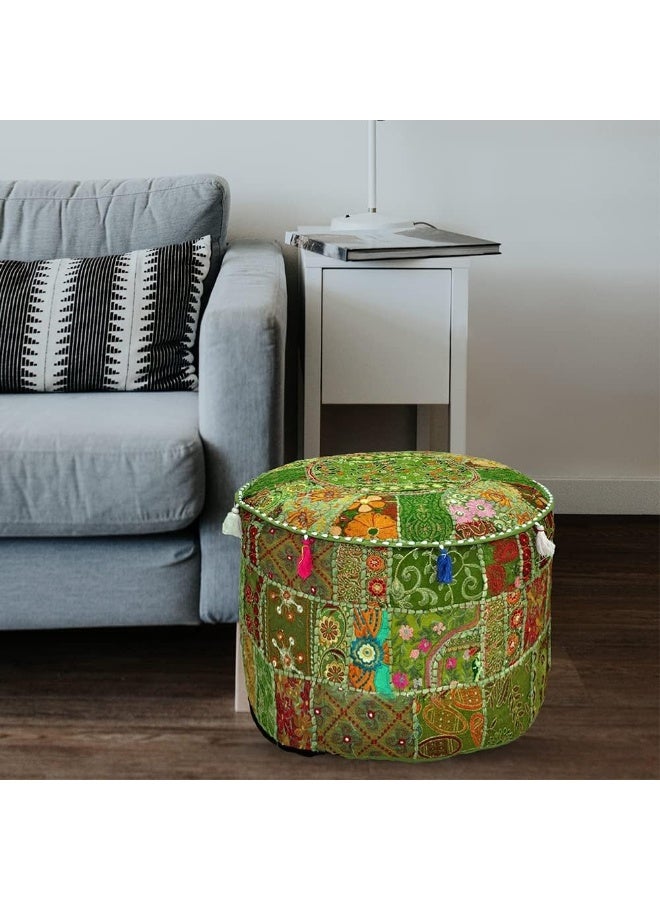 Aakriti Gallery Indian Pouf Footstool Ethnic Embroidered Pouf Cover, Indian Cotton Round Pouffe Ottoman Pouf Cover Pillow Ethnic Decor Art - Cover Only (Green, 18X13) - Image 2