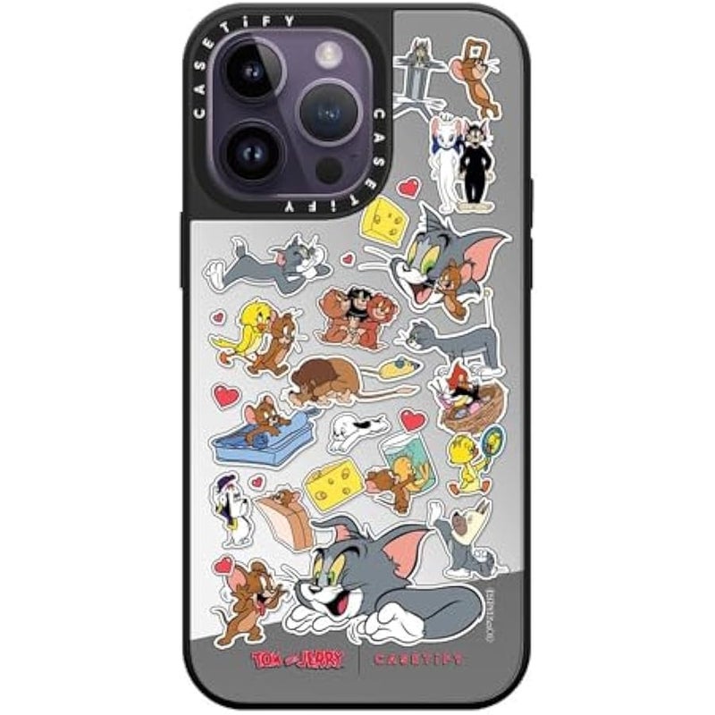 Casetify Mirror Case for iPhone 14 Pro Max 【Tom and Jerry Colab/Reflective / 4.9ft Drop Protection/Compatible with Magsafe】 - Family Sticker - Silver on Black - Image 1