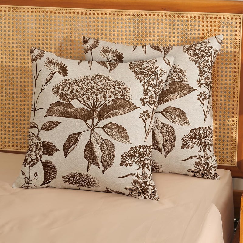 GOLIANDA Brown Pillow Covers 18x18 Set of 2 Vintage Boho Floral Hydrangea Herbs Botanical Throw Pillow Cover Outdoor Flower Decorative Pillowcase Linen Farmhouse Cushion Case Decor for Couch Sofa - Image 3