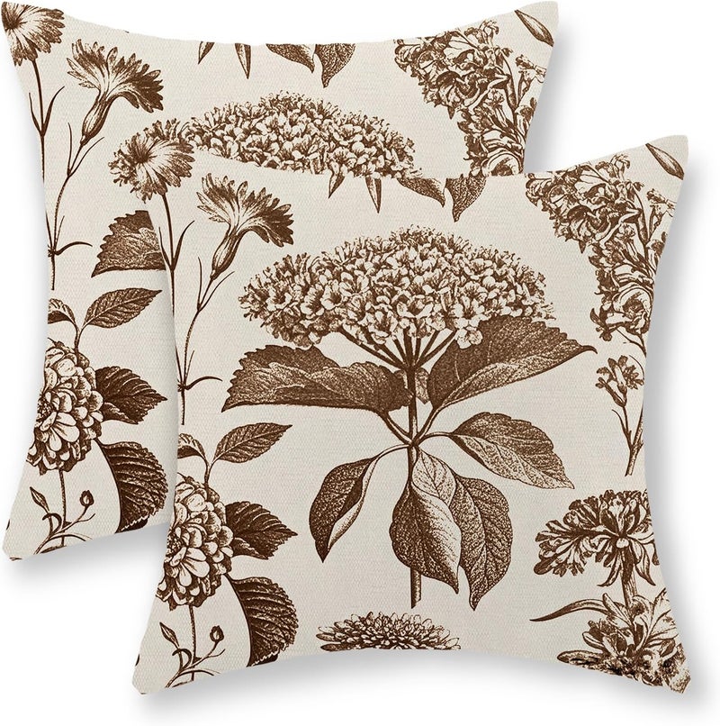 GOLIANDA Brown Pillow Covers 18x18 Set of 2 Vintage Boho Floral Hydrangea Herbs Botanical Throw Pillow Cover Outdoor Flower Decorative Pillowcase Linen Farmhouse Cushion Case Decor for Couch Sofa - Image 1