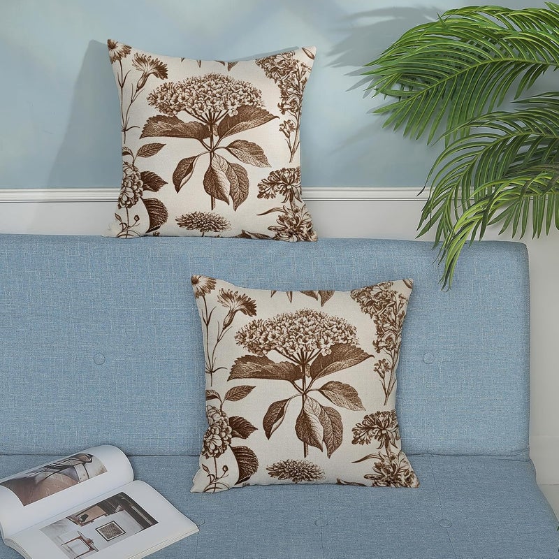 GOLIANDA Brown Pillow Covers 18x18 Set of 2 Vintage Boho Floral Hydrangea Herbs Botanical Throw Pillow Cover Outdoor Flower Decorative Pillowcase Linen Farmhouse Cushion Case Decor for Couch Sofa - Image 4