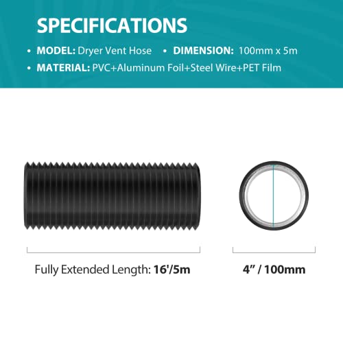 HG POWER 4 Inch Dryer Vent Hose, 16 Feet Long Flexible PVC Hose, Three Layer Noise Reducer Hose Aluminum Ducting for Heating Cooling Ventilation AC Exhaust Black - Image 4
