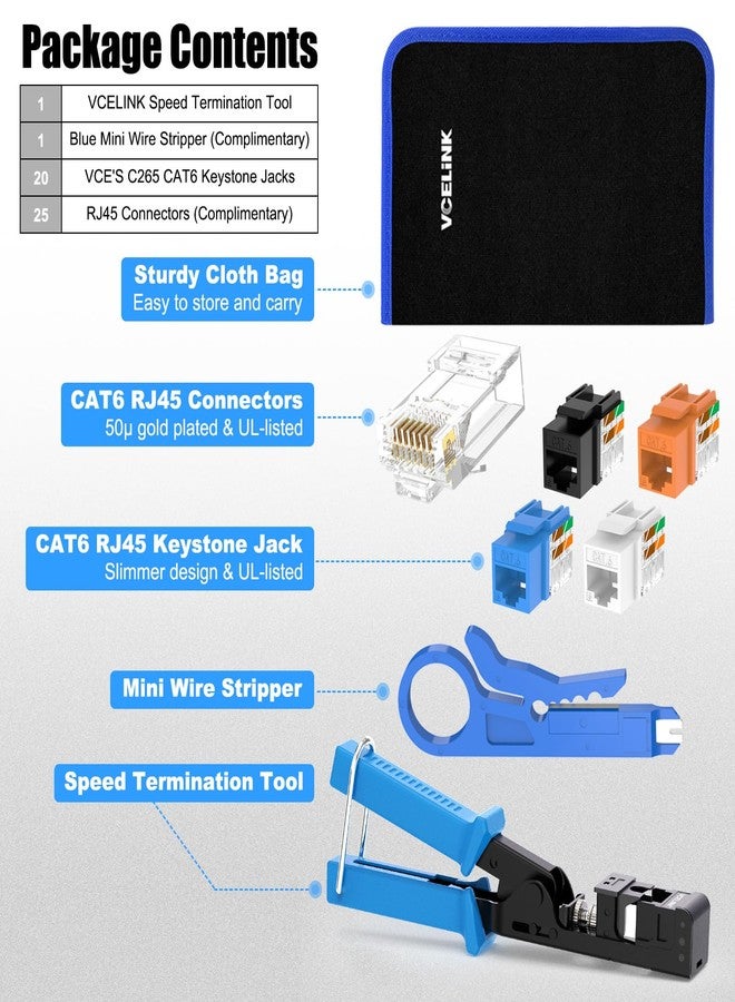VCELINK Speed Termination Tool for VCE 90-Degree Keystone Jacks Bundle with 20-Pack CAT6 Keystone Jacks UL-Listed, 25-Pack RJ45 Connectors, 1-Pack Blue Mini Wire Stripper - Image 3