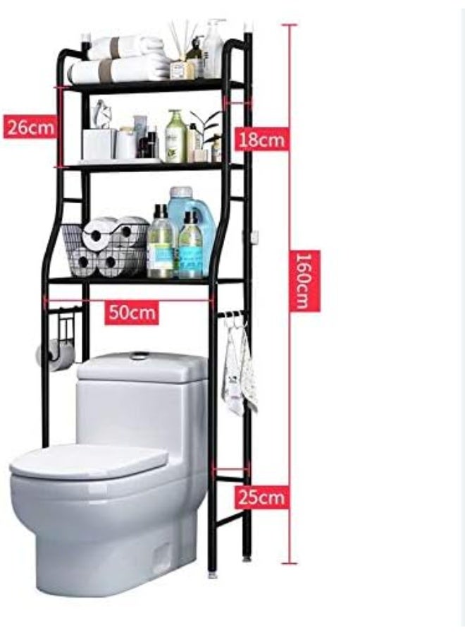 Black 3-Tier Over-the-Toilet Storage Rack with Shelves & Hooks - Image 4