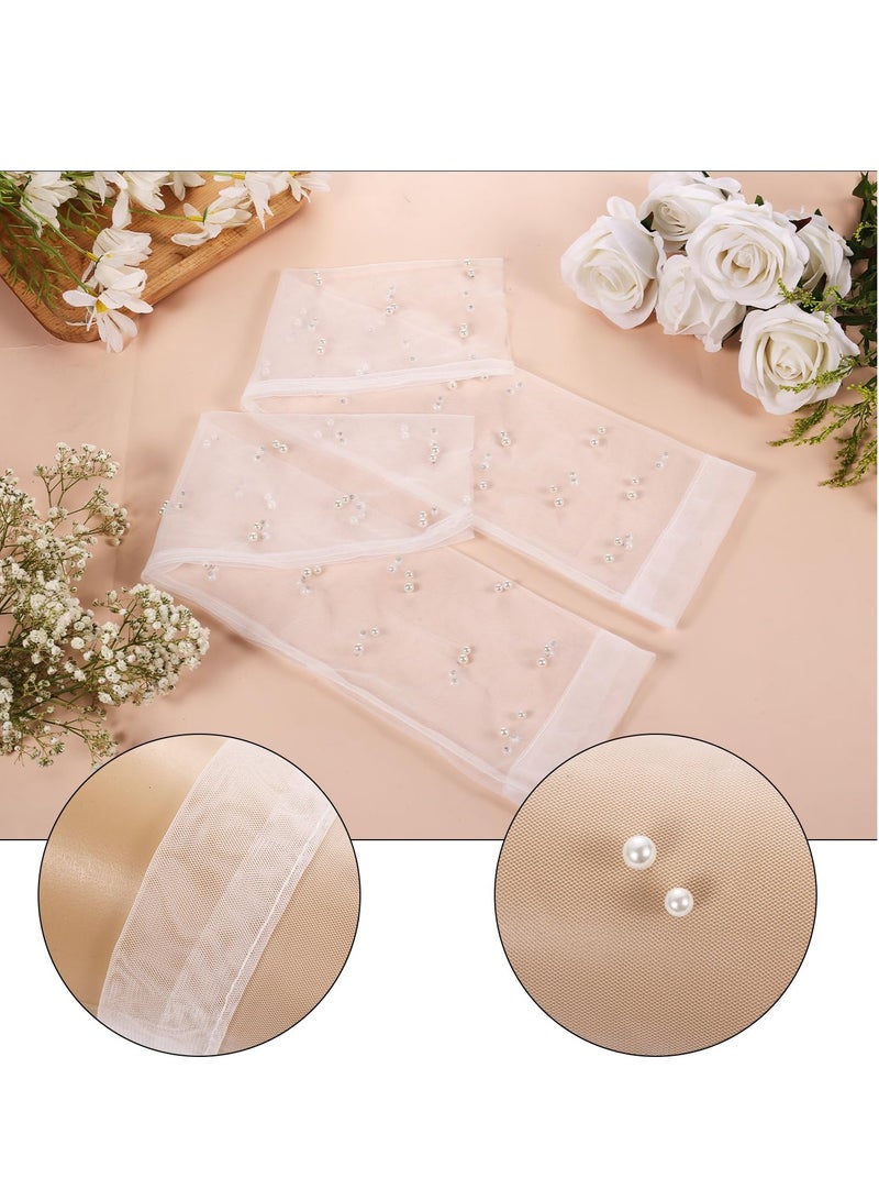 2Pcs Pearl Gloves White Gloves Women Formal Wedding Gloves for Bride Elegant Fingerless Tulle Gloves for Women Perfect for Opera Costume Party Dance 18inch Long Bridal Gloves White - Image 3