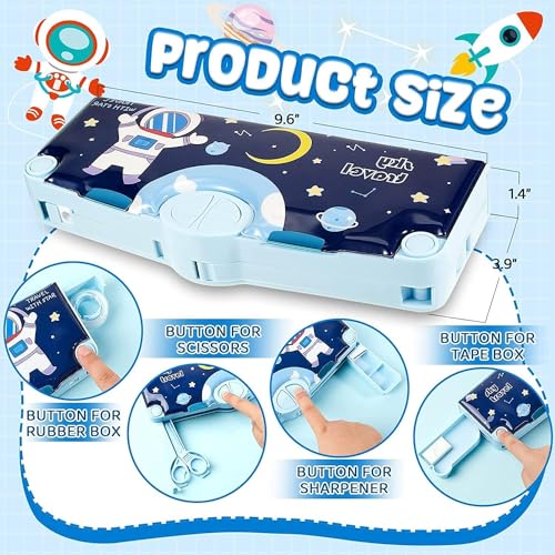 WISHKEY Space Theme Pencil Box for Kids, Astronaut Multifunctional Magnetic Box, Return Gifts for Kids,Pencil Holder, Built-in Sharpener and Accessories, Storage Compartments(Blue) - Image 3