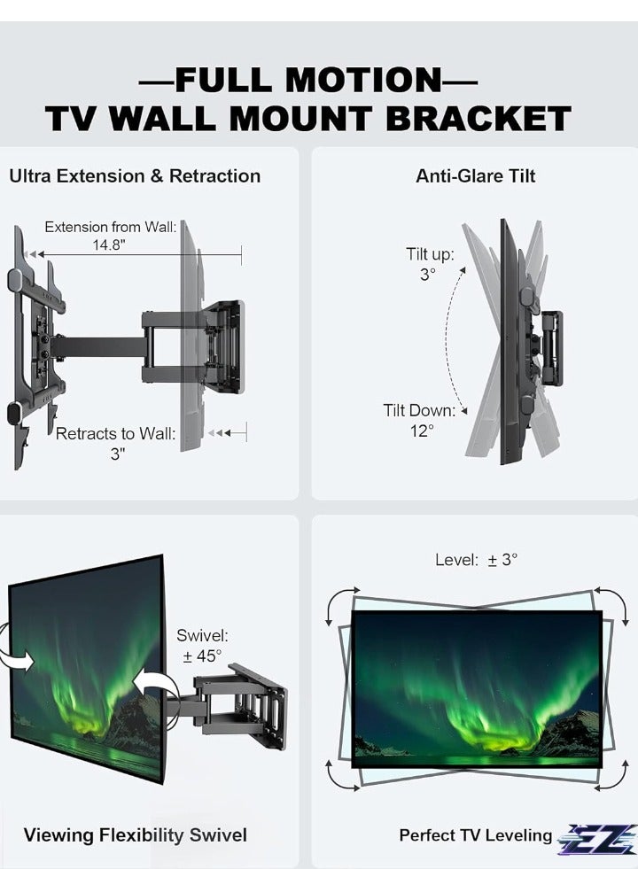 ELTRAZONE Full Motion TV Wall Mount Articulating Swivel Extension Arm Fit Most 37-75 inch TV up to 132lbs Max VESA 600x400mm - Image 2