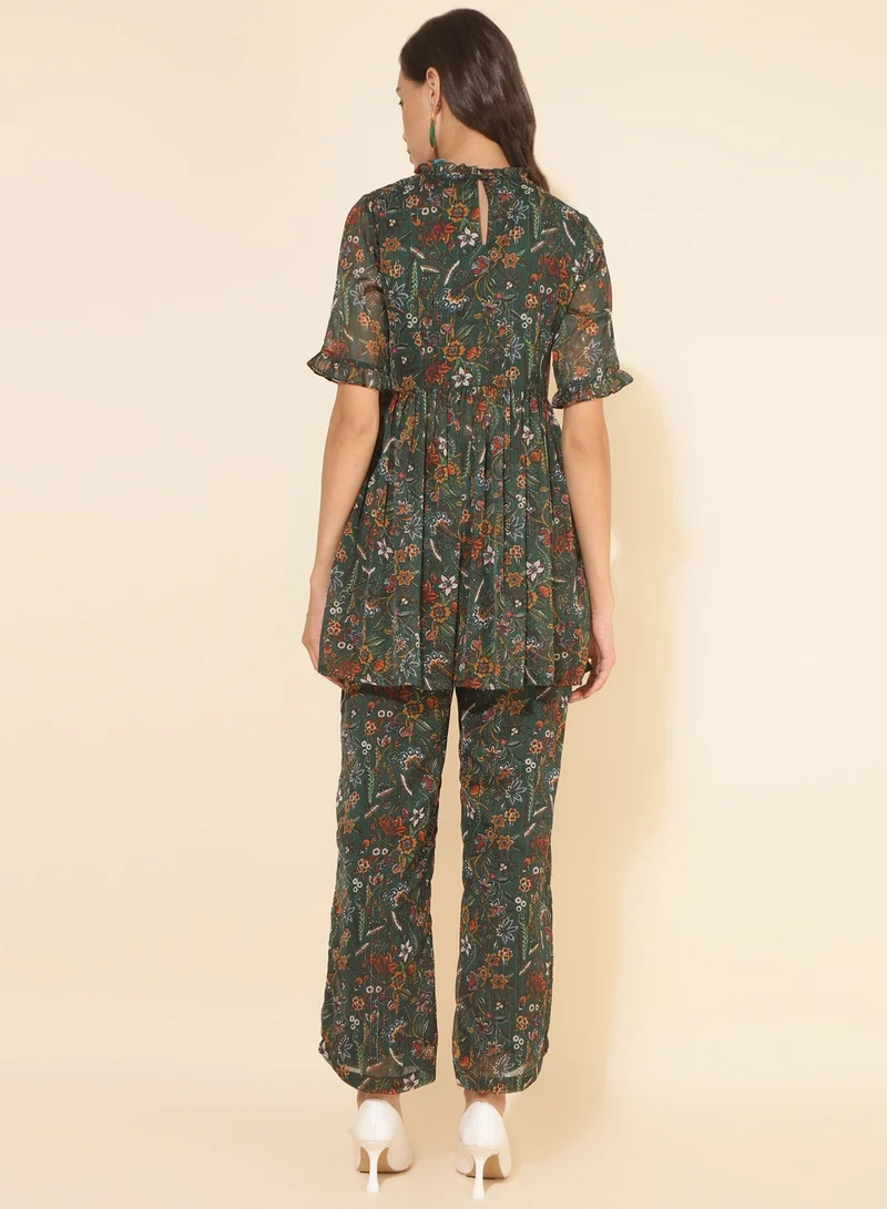 kolaba Green Chiffon Floral Printed Kurti With Pant Set