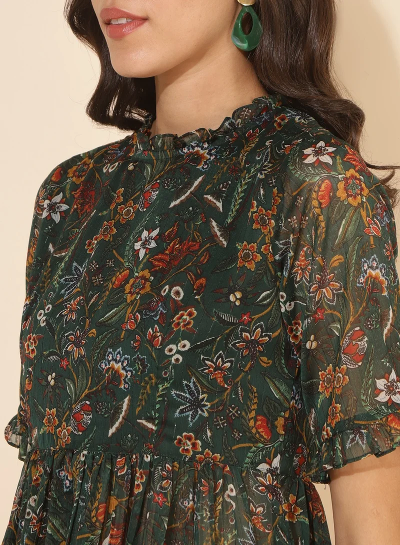 kolaba Green Chiffon Floral Printed Kurti With Pant Set