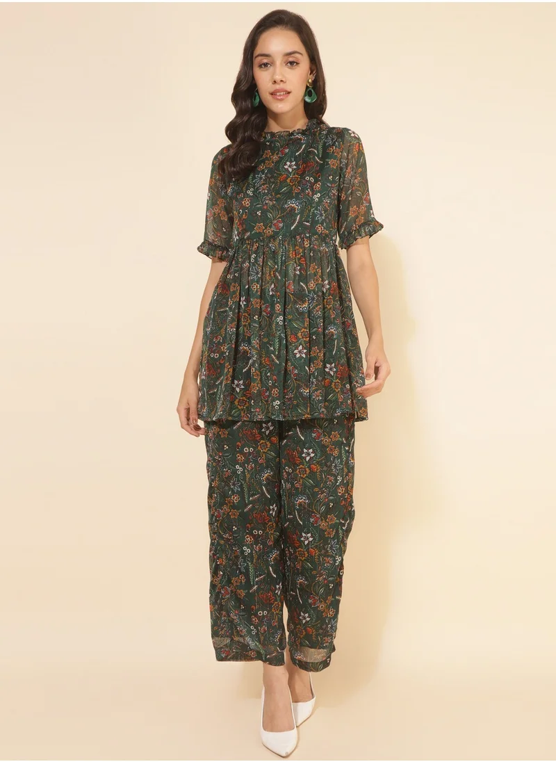 كولابا Green Chiffon Floral Printed Kurti With Pant Set