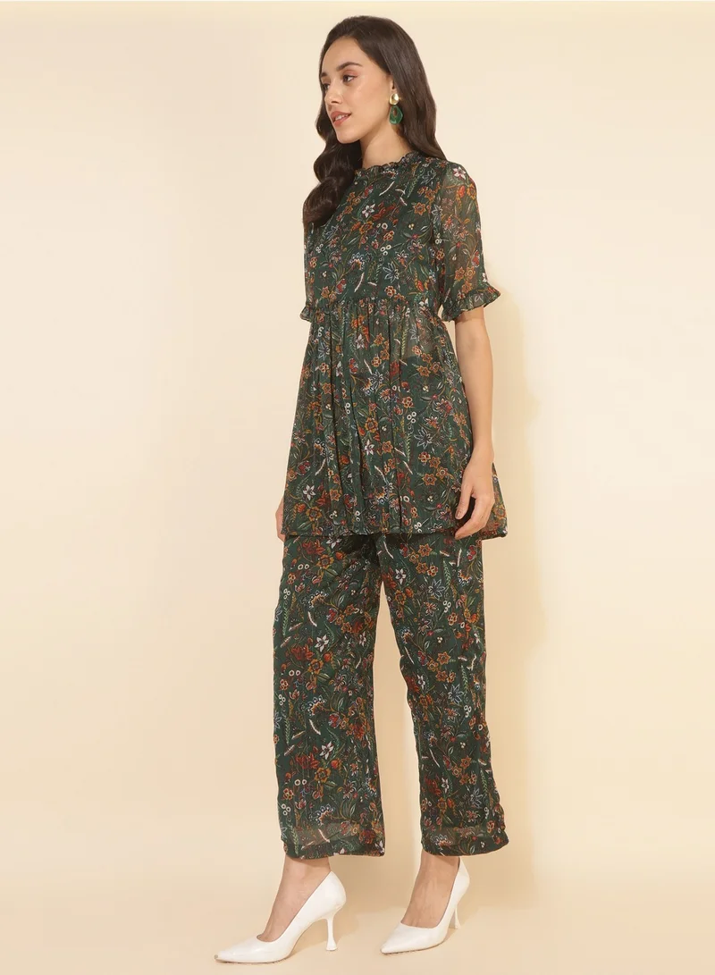 kolaba Green Chiffon Floral Printed Kurti With Pant Set