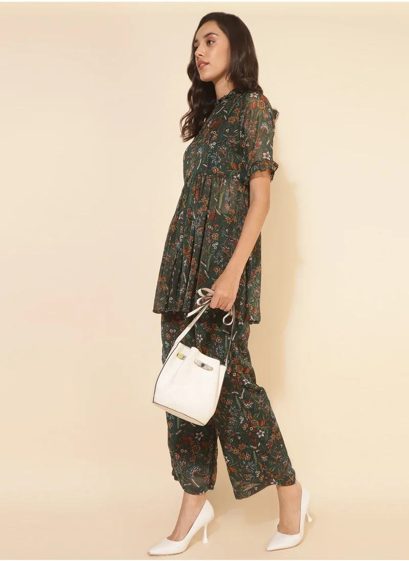 kolaba Green Chiffon Floral Printed Kurti With Pant Set