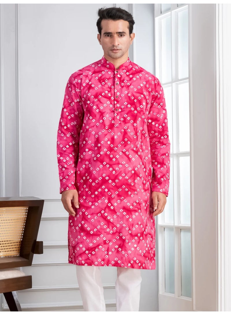 Devoiler Mens Pink Bandhani Printed Cotton Kurta Set - Image 3