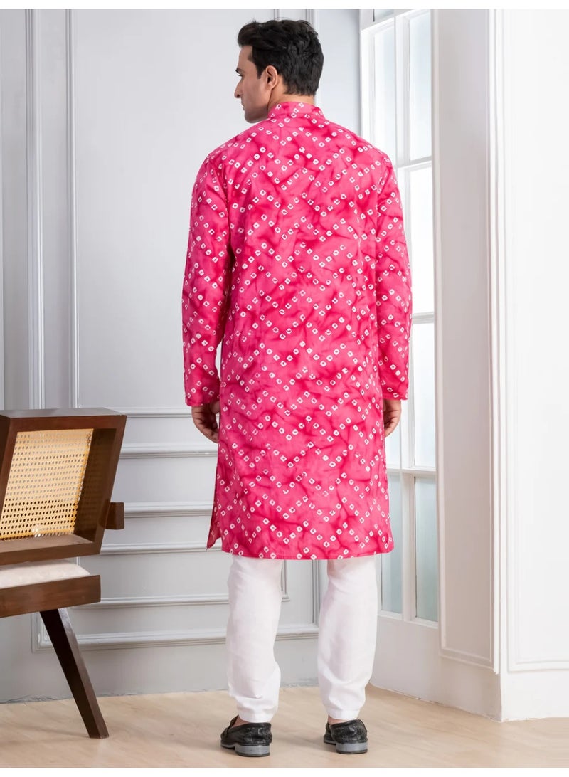 Devoiler Mens Pink Bandhani Printed Cotton Kurta Set - Image 2