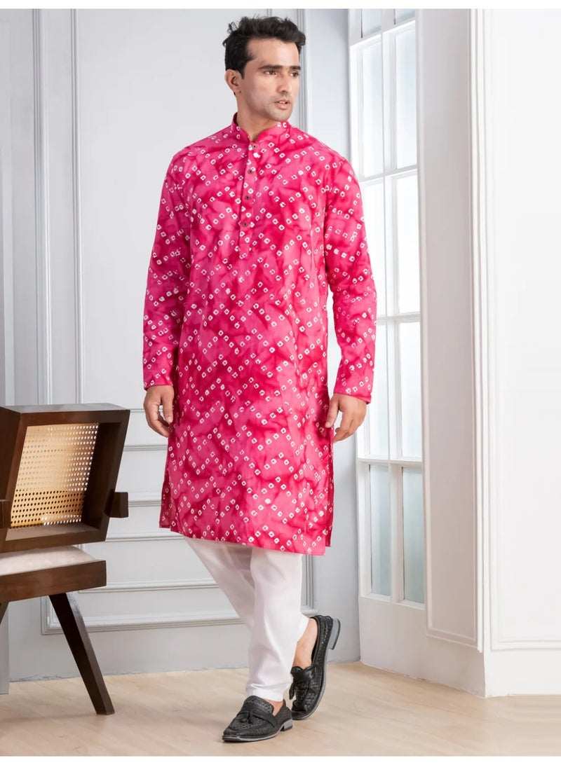 Devoiler Mens Pink Bandhani Printed Cotton Kurta Set - Image 4