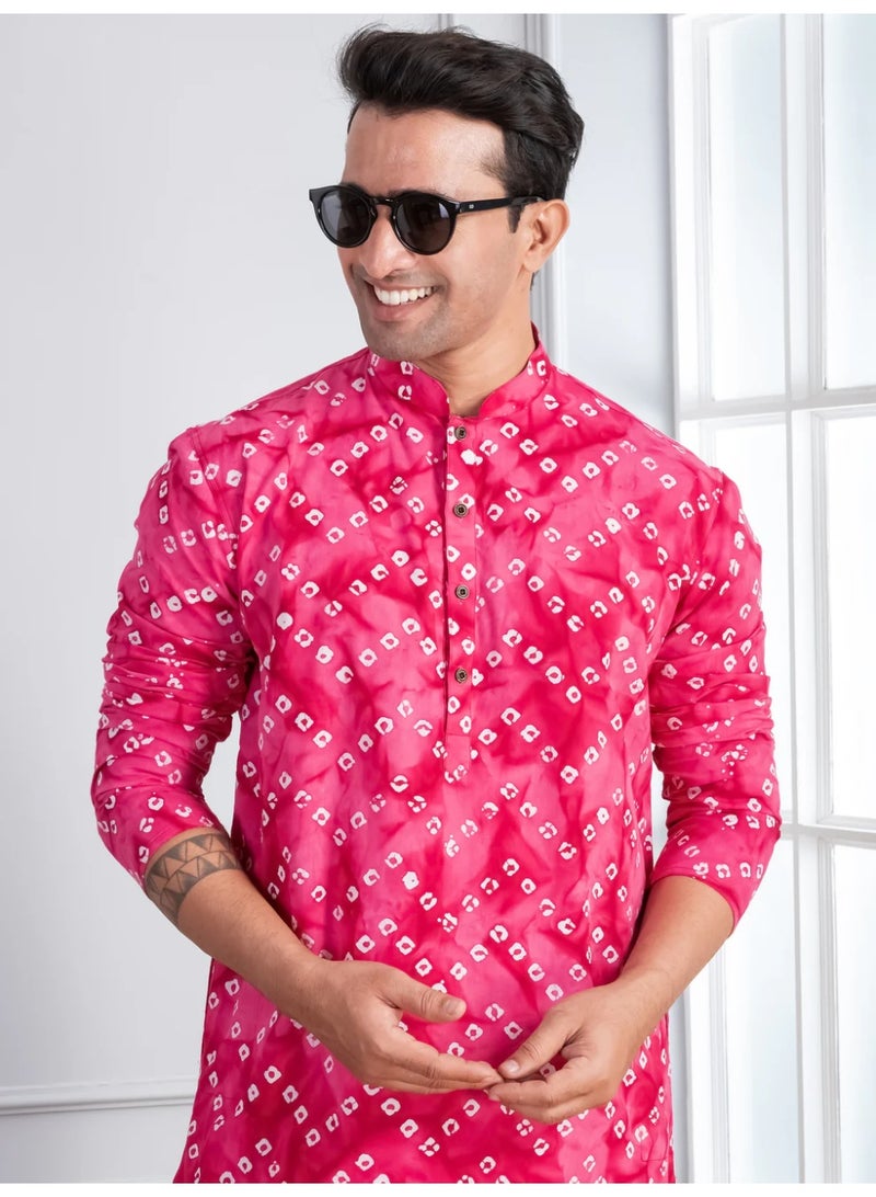 Devoiler Mens Pink Bandhani Printed Cotton Kurta Set - Image 1