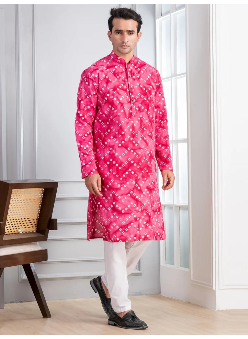 Devoiler Mens Pink Bandhani Printed Cotton Kurta Set - Image 5