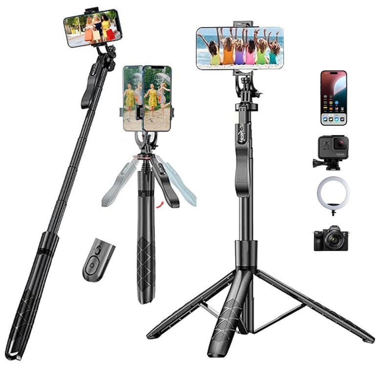 Hold Up Selfie Stick Tripod 61" All in One Extendable Mobile Selfie Stick Tripod Stand with Wireless Remote 360° Rotation for iPhone and Android Phone Selfies, Video Recording. - Image 1