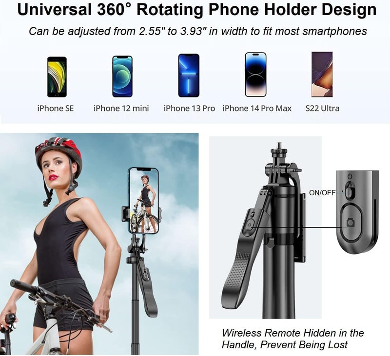 Hold Up Selfie Stick Tripod 61" All in One Extendable Mobile Selfie Stick Tripod Stand with Wireless Remote 360° Rotation for iPhone and Android Phone Selfies, Video Recording. - Image 3