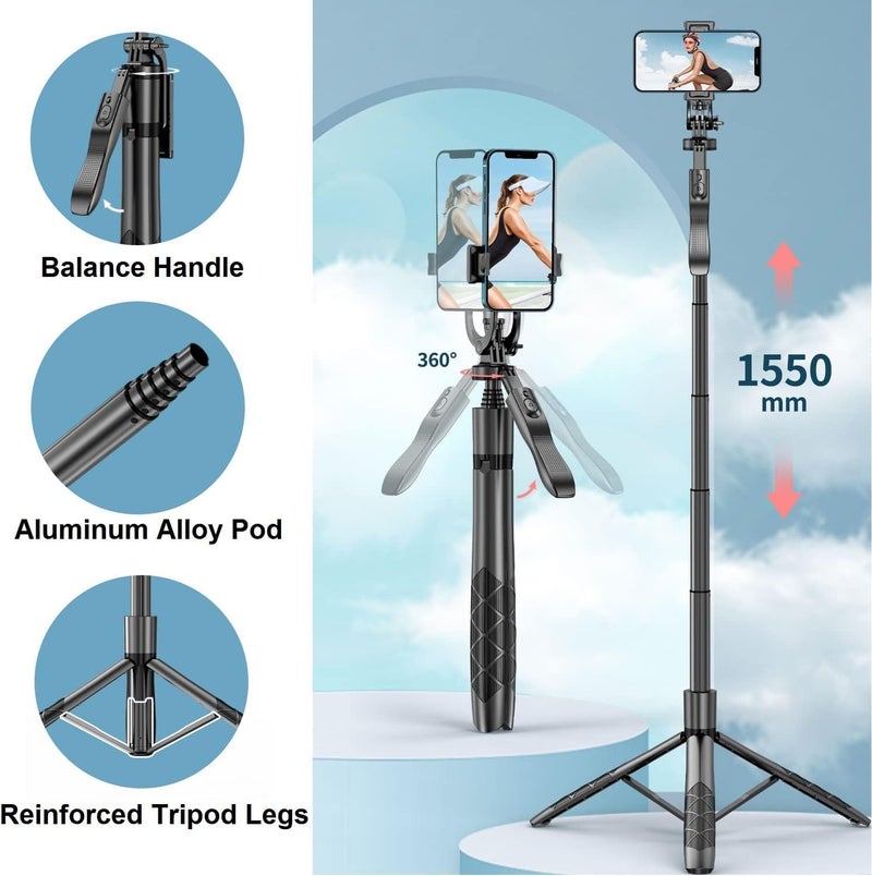 Hold Up Selfie Stick Tripod 61" All in One Extendable Mobile Selfie Stick Tripod Stand with Wireless Remote 360° Rotation for iPhone and Android Phone Selfies, Video Recording. - Image 4