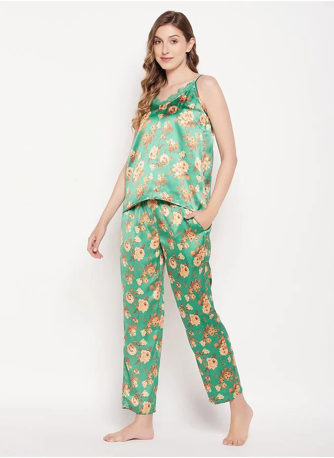 Clovia Satin Floral Print Cami & Pyjama Set