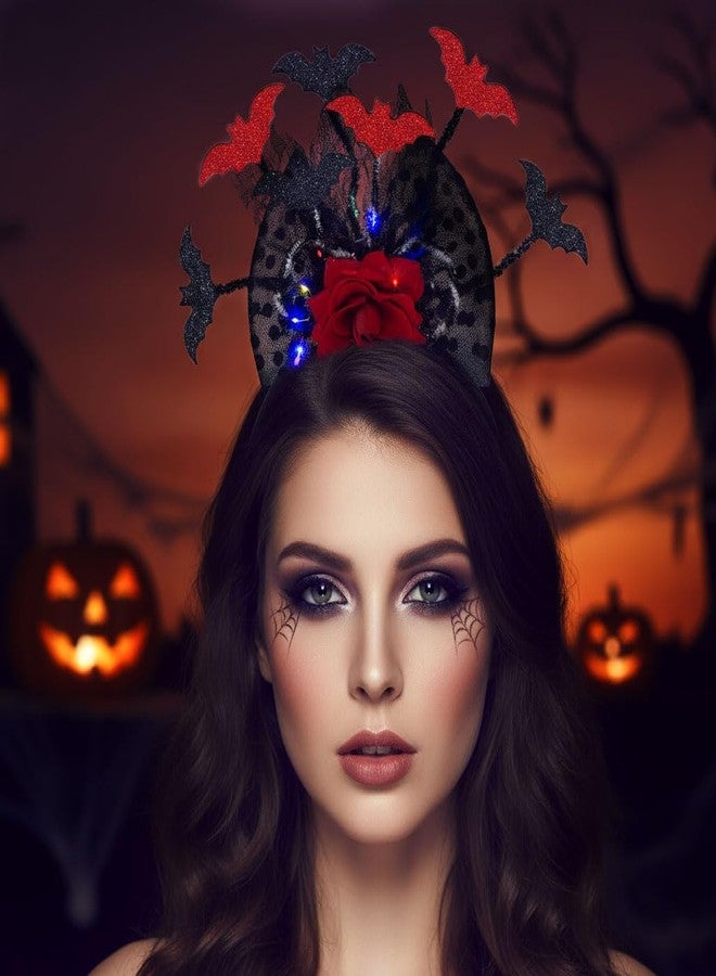 ووي طوق شعر Woeoe مزين بالزهور للهالوين، طوق شعر أحمر على شكل خفاش، مناسب ليوم الموتى، بنمط قوطي للنساء، مثالي لأزياء التنكر والحفلات الصاخبة. - Image 2