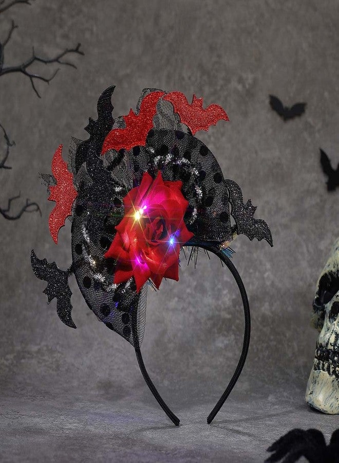 ووي طوق شعر Woeoe مزين بالزهور للهالوين، طوق شعر أحمر على شكل خفاش، مناسب ليوم الموتى، بنمط قوطي للنساء، مثالي لأزياء التنكر والحفلات الصاخبة. - Image 3