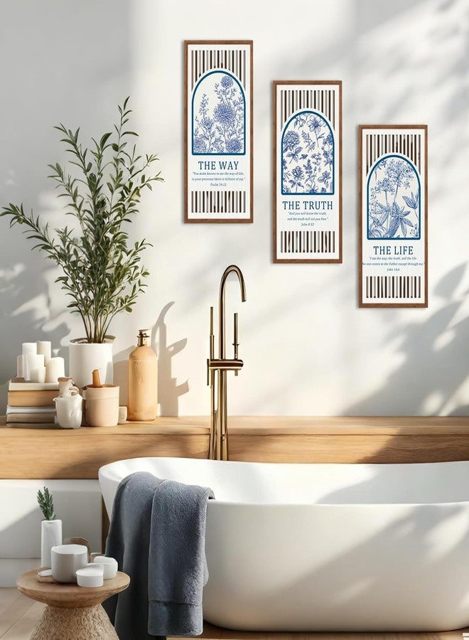 BINCUE Jesus Wall Art Flower,Christian Bible Wall Art Florals,Bible Verse Artwork,Blue White Flower Hanging Decor,Modern Scripture Wood Wall Decor for Living Room Bedroom Home 8x16 Inch Set of 3 - Image 4