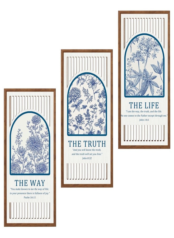 BINCUE Jesus Wall Art Flower,Christian Bible Wall Art Florals,Bible Verse Artwork,Blue White Flower Hanging Decor,Modern Scripture Wood Wall Decor for Living Room Bedroom Home 8x16 Inch Set of 3 - Image 1
