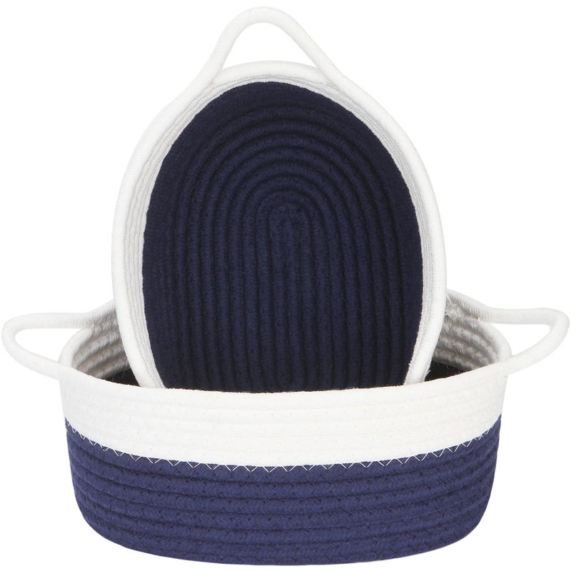 Sea Team 2-Pack Cotton Rope Baskets, 10 x 7 x 4 Inches Small Woven Storage Basket, Fabric Tray, Bowl, Oval Open Dish for Fruits, Jewelry, Keys, Sewing Kits (Dark Blue & White) - Image 1