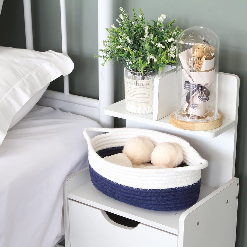 Sea Team 2-Pack Cotton Rope Baskets, 10 x 7 x 4 Inches Small Woven Storage Basket, Fabric Tray, Bowl, Oval Open Dish for Fruits, Jewelry, Keys, Sewing Kits (Dark Blue & White) - Image 2