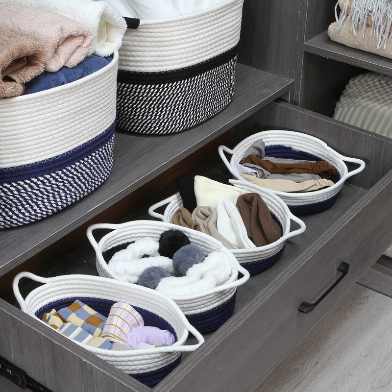 Sea Team 2-Pack Cotton Rope Baskets, 10 x 7 x 4 Inches Small Woven Storage Basket, Fabric Tray, Bowl, Oval Open Dish for Fruits, Jewelry, Keys, Sewing Kits (Dark Blue & White) - Image 3