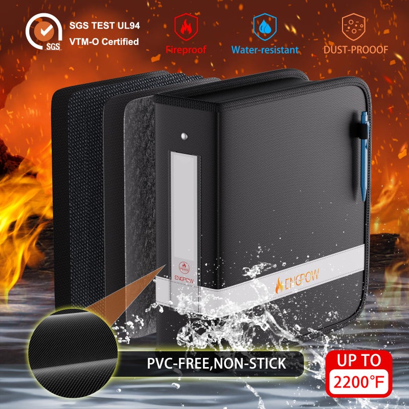 ENGPOW 3 Ring Binder,Fireproof 3 Inch D Ring Binder with Zipper,Holds 750 Sheets,Non-Stick,PVC-Free,Compatible with Clear Sheet Protectors,Portable School Office Home Safe Storage for Paper,Black - Image 2