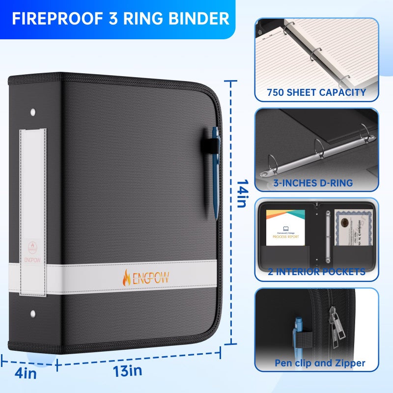 ENGPOW 3 Ring Binder,Fireproof 3 Inch D Ring Binder with Zipper,Holds 750 Sheets,Non-Stick,PVC-Free,Compatible with Clear Sheet Protectors,Portable School Office Home Safe Storage for Paper,Black - Image 4