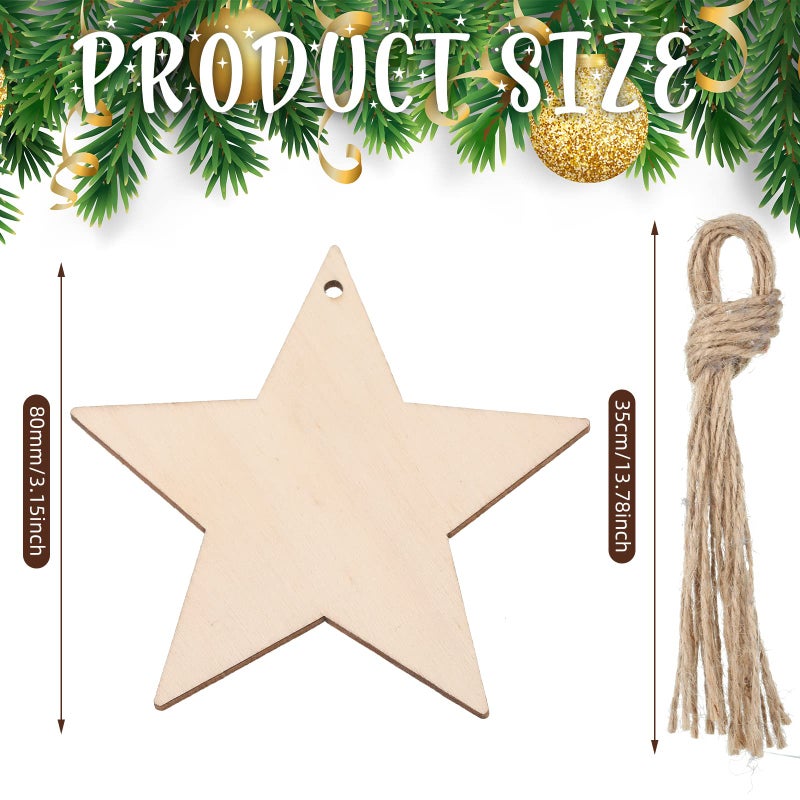Tatuo 60 Set Natural Wooden Stars Cutouts Ornaments to Paint 3.15'' Unfinished Wood Star Embellishments for Craft with Twine for School Graduation Party Independence Day Christmas Home Decoration - Image 2