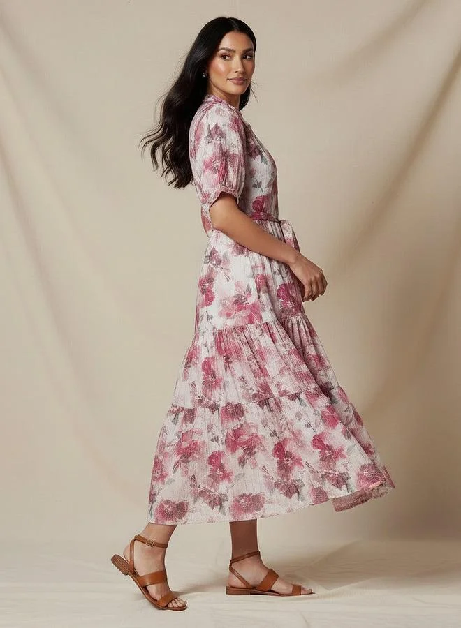 سبلاش فيڤ Tiered Midi Viscose Belted Dress with Abstract Print