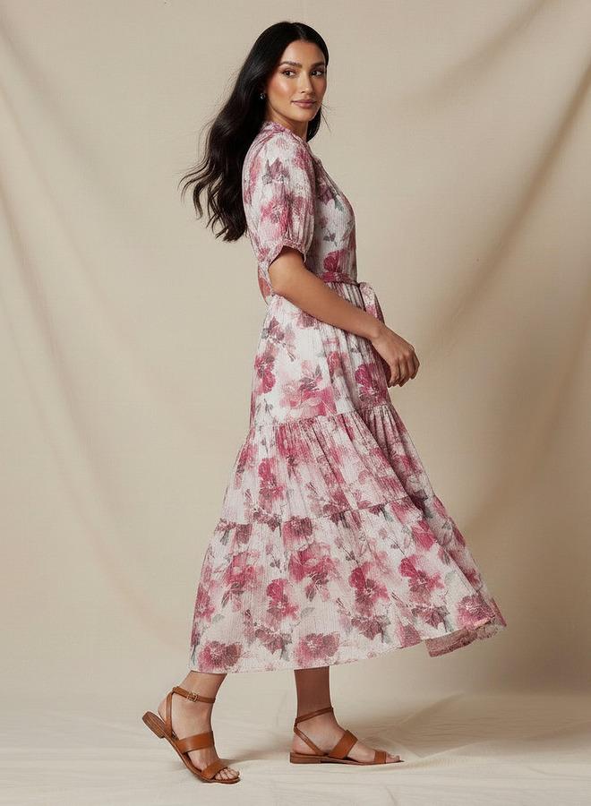 Splash FAV Tiered Midi Viscose Belted Dress with Abstract Print - Image 2