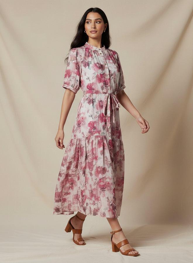 Splash FAV Tiered Midi Viscose Belted Dress with Abstract Print - Image 5
