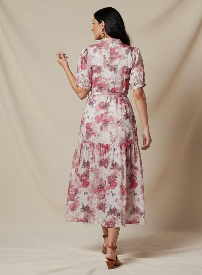 Splash FAV Tiered Midi Viscose Belted Dress with Abstract Print - Image 3