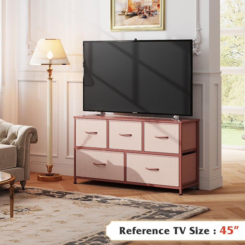 WLIVE Dresser for Bedroom with 5 Drawers, Wide Chest of Drawers, Fabric Dresser, Storage Organization Unit with Fabric Bins for Closet, Living Room, Hallway, Pink and Rose Gold - Image 2