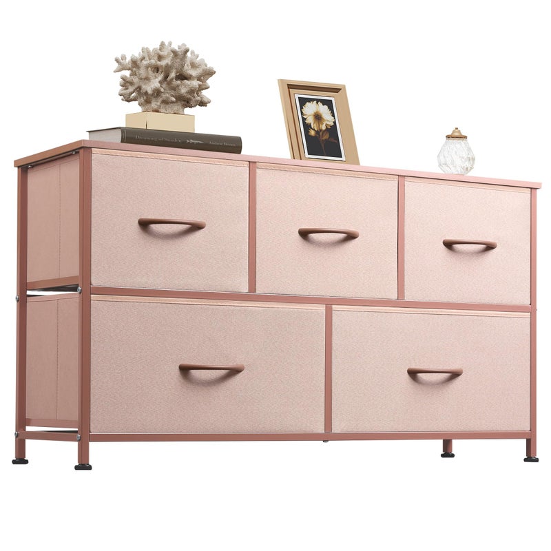 WLIVE Dresser for Bedroom with 5 Drawers, Wide Chest of Drawers, Fabric Dresser, Storage Organization Unit with Fabric Bins for Closet, Living Room, Hallway, Pink and Rose Gold - Image 1